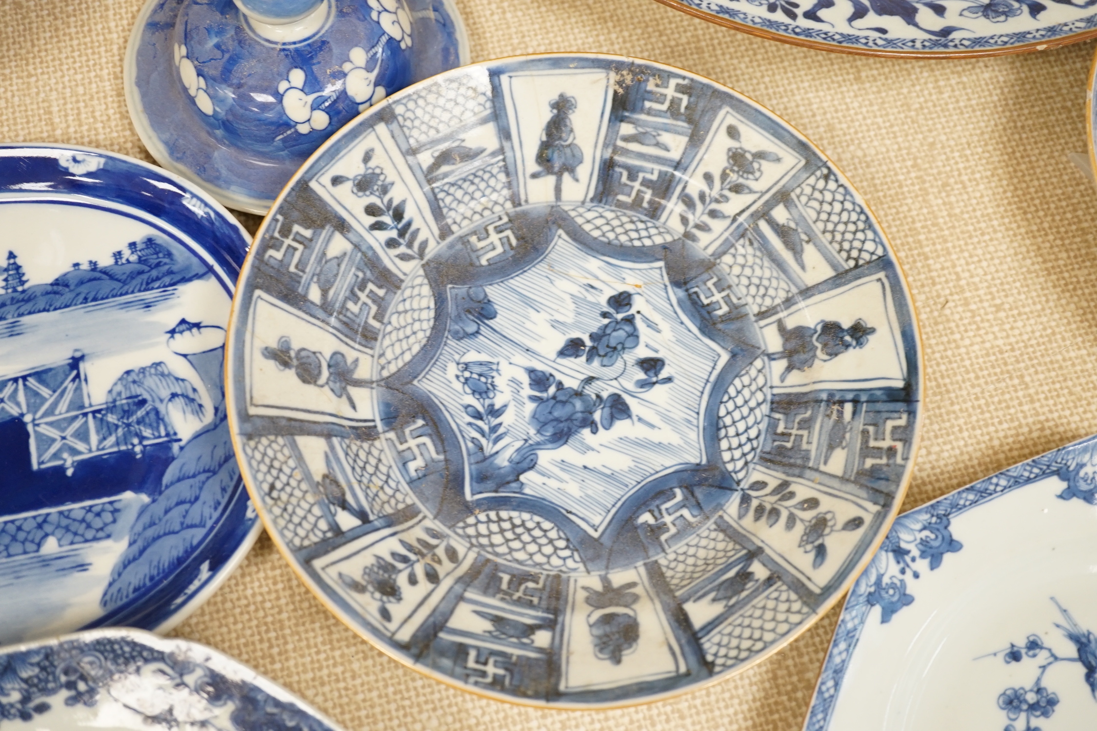 A large collection of Chinese blue and white export plates, a blanc de chine figure, two vases, a jar and five Japanese planters, jar 24cm high (a.f.)